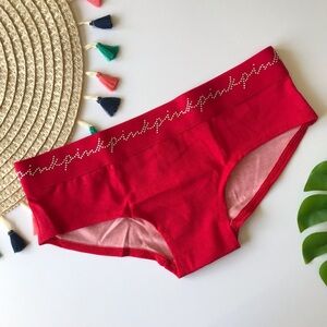 Victoria’s Secret PINK Script Logo Rhinestone Band Hipster Panty Red Medium NEW